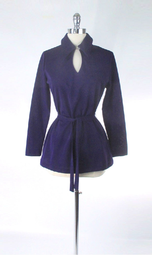 Vintage 70s Deep Purple Belted Keyhole Tunic Top S