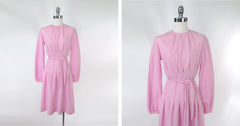 Vintage 70s Pink Pleated Midi Party Dress S/M