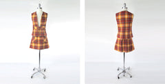 Vintage 60s Orange Plaid Vest & Mini Skirt Co-ord Set S