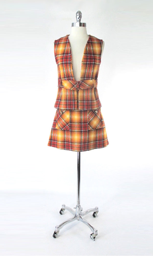 Vintage 60s Orange Plaid Vest & Mini Skirt Co-ord Set S