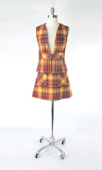 Vintage 60s Orange Plaid Vest & Mini Skirt Co-ord Set S