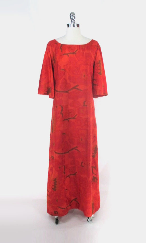 Vintage 60s Orange Birds & Big Floral Bell Sleeve Maxi Dress M