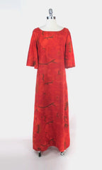 Vintage 60s Orange Birds & Big Floral Bell Sleeve Maxi Dress M