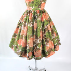 Vintage 60s 50s Sheer Peach Roses Full Skirt Party Dress XS