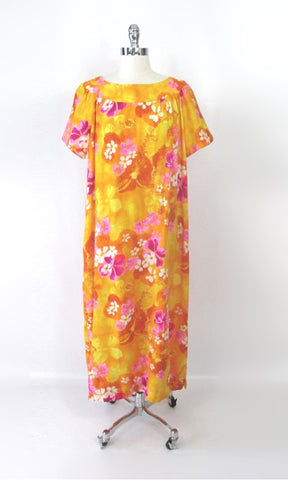 Vintage 60s Purple Hawaiian Floral Barkcloth MuuMuu Dress • One Size