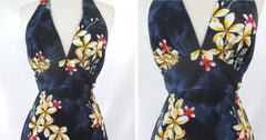 vintage 70s mini halter Hawaiian Hawaii Nei Honolulu barckcloth top dress bombshell bettys vintage bodice detail