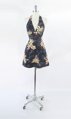 vintage 70s mini halter Hawaiian Hawaii Nei Honolulu barckcloth top dress bombshell bettys vintage gallery