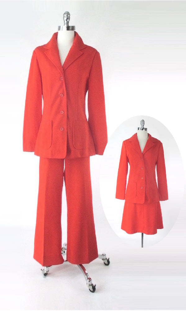 Vintage 70s Orange 3 Piece Suit Set Blazer Skirt Pants L