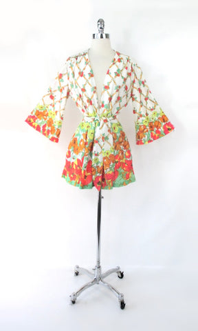 Vintage 70's Short Bell Sleeve Floral Robe Swimsuit Cover-Up M