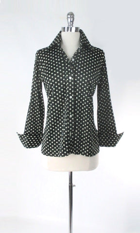 Vintage 70s Black White Polka Dot Button Down Top | Blouse M