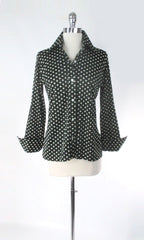 Vintage 70s Black White Polka Dot Button Down Top | Blouse M