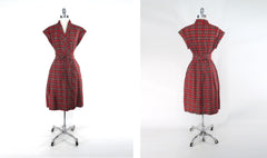 vintage 70s red tartan plaid short sleeve wrap dress full