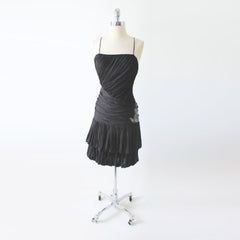 vintage 80s black bubble hem silver sequins goddess draped party dress front