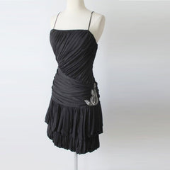 vintage 80s black bubble hem silver sequins goddess draped party dress close up
