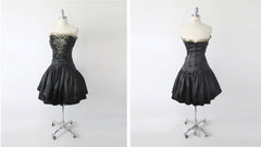 Vintage 80's 90s Strapless Black Satin & Gold Gunne Sax Party Dress XS