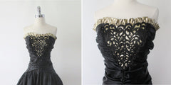 Vintage 80's 90s Strapless Black Satin & Gold Gunne Sax Party Dress XS