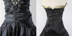 Vintage 80's 90s Strapless Black Satin & Gold Gunne Sax Party Dress XS