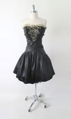 Vintage 80's 90s Strapless Black Satin & Gold Gunne Sax Party Dress XS