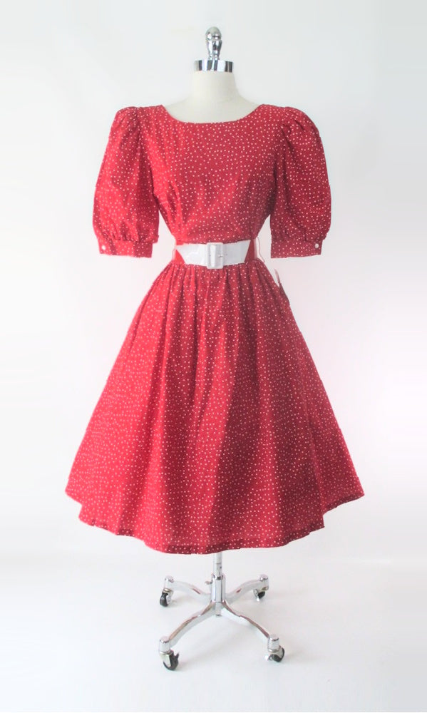 Vintage 80s Red White Polka Dot Full Skirt Party Dress M | New Old Stock