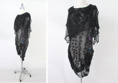 vintage 80s Lims crochet knit flower fishnet black sheer dress sequins flower gathered side party dress side