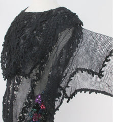 vintage 80s Lims crochet knit flower fishnet black sheer dress sequins flower gathered side party dress sleeve