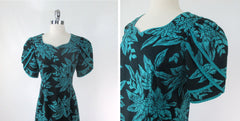 Vintage 80s Puff Sleeve Ruffle Hem Hawaiian Dress M