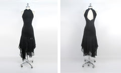 vintage 80s black suede leather glam rock sheath dress sheer hanky hem dagger rhinestone bow party dress bombshell bettys vintage full