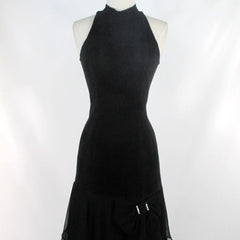 vintage 80s black suede leather glam rock sheath dress sheer hanky hem dagger rhinestone bow party dress bombshell bettys vintage suede close up