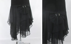 vintage 80s black suede leather glam rock sheath dress sheer hanky hem dagger rhinestone bow party dress bombshell bettys vintage hem