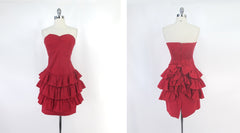 Vintage 80s Red Strapless Ruffle Skirt Mini Party Dress S