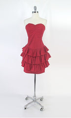 Vintage 80s Red Strapless Ruffle Skirt Mini Party Dress S