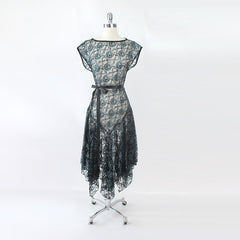 Vintage 80s Sheer Blue & Black Lace Dress S