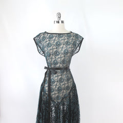 Vintage 80s Sheer Blue & Black Lace Dress S