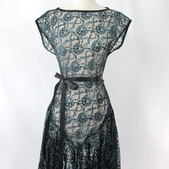 Vintage 80s Sheer Blue & Black Lace Dress S