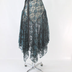 Vintage 80s Sheer Blue & Black Lace Dress S