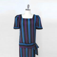 vintage 80s larger size drop waist striped party midi sheer dress  bodice