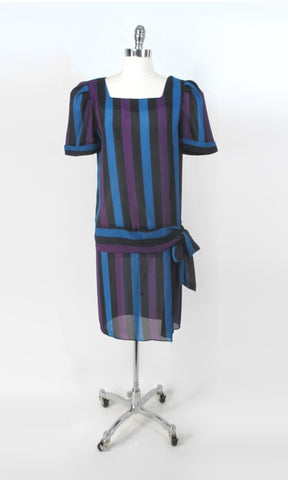 Vintage 80s Sheer Stripe Drop Waist Dress L