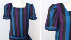 vintage 80s larger size drop waist striped party midi sheer dress  sleeve