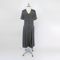 Vintage 90s 30s Style Novelty Button Print Rayon Dress L