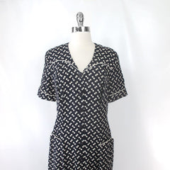 Vintage 90s 30s Style Novelty Button Print Rayon Dress L