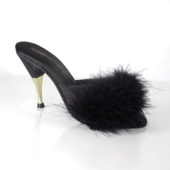 Vintage 90s Black Marabou Slipper Metal Heel Shoes 7