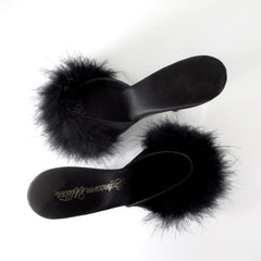 Vintage 90s Black Marabou Slipper Metal Heel Shoes 7