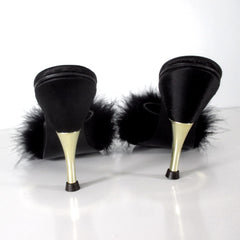 Vintage 90s Black Marabou Slipper Metal Heel Shoes 7
