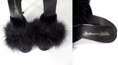 Vintage 90s Black Marabou Slipper Metal Heel Shoes 7