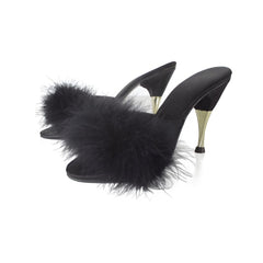 Vintage 90s Black Marabou Slipper Metal Heel Shoes 7