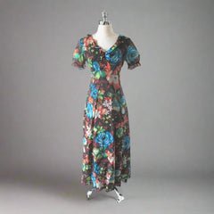 Vintage 70's Floral Chiffon Maxi Dress Party Gown S