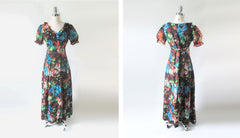 Vintage 70's Floral Chiffon Maxi Dress Party Gown S
