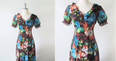 Vintage 70's Floral Chiffon Maxi Dress Party Gown S
