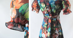 Vintage 70's Floral Chiffon Maxi Dress Party Gown S
