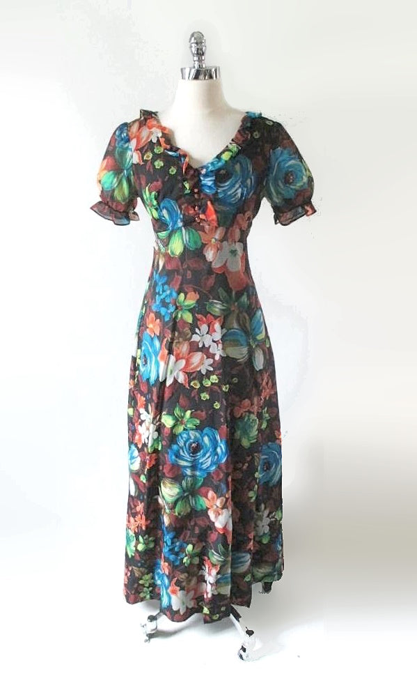 Vintage 70's Floral Chiffon Maxi Dress Party Gown S